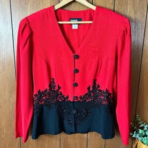 Vintage Dawn Joy Fashions Red Black Lace Trim Peplum Blazer Jacket Size 14 Goth